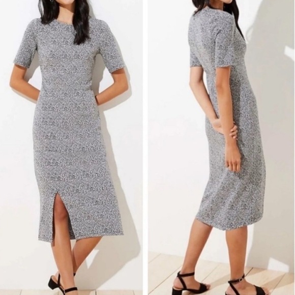 LOFT Dresses & Skirts - EUC LOFT Black White Short Sleeve Leopard Jacquard Fitted Midi Dress wi…